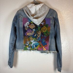 2 Blue Denim Jean Jacket Large Cropped Raw Hem Hand Painted Alice In Wonderland